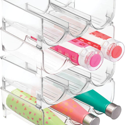 Plastic Free-Standing Stackable 3 Bottle Storage Holder Rack - Water, Wine, and Drink Organizer Shelf for Kitchen Countertop, Cabinet, Pantry, Fridge, Freezer, 4 Pack - Clear.