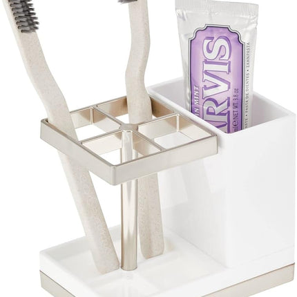 Plastic Toothbrush and Toothpaste Storage Organizer Holder - Home Decor for Bathroom Countertop - Holds Toiletries and Beauty Accessories - Lumiere Collection - White/Brushed.