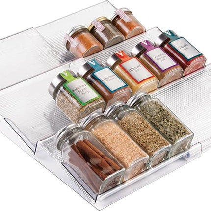 Expandable Plastic Deluxe Spice Rack, Drawer Organizer for Kitchen Cabinet Drawers, 3 Tier Slanted for Spice Jars, Food Seasoning Bottle Storage, Ligne Collection - Clear.