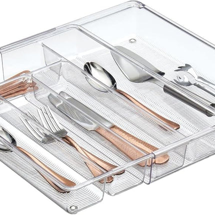 Adjustable, Expandable Plastic Kitchen Cabinet Drawer Storage Organizer Tray - for Storing Organizing Cutlery, Spoons, Cooking Utensils, Gadgets - 2" High - Clear.