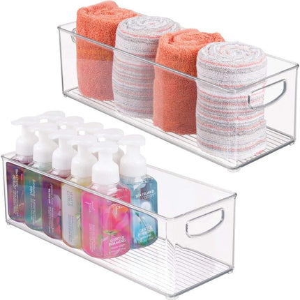 Plastic Toiletry Organizer for Bathroom - Storage Holder Bin w/Handles for Vanity, Drawers, Dresser - Holds Hair Products, Makeup, Lotion, Skincare and More - Ligne Collection - 2 Pack, Clear.