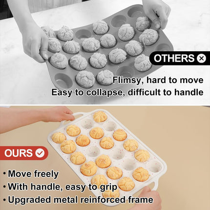 Mini Muffin Pan, Metal Reinforced Frame Mini Cupcake Pans 24 Cups Nonstick Muffin Silicone Molds with Handle for Baking Muffins, Cupcakes, Egg Bites 2 Pack.