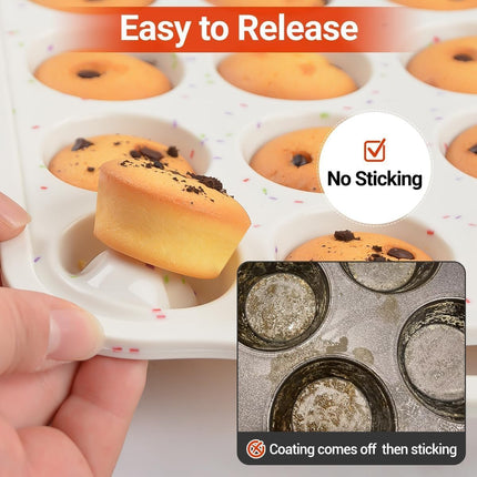 Mini Muffin Pan, Metal Reinforced Frame Mini Cupcake Pans 24 Cups Nonstick Muffin Silicone Molds with Handle for Baking Muffins, Cupcakes, Egg Bites 2 Pack.