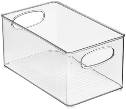 Plastic Home Closet Organizer - Basket Storage Holder Bin w/ Handles for Bedroom, Bathroom, Cabinet Shelves, Entryway, and Hallway - Holds Sweaters, Purses - Ligne Collection - 2 Pack - Clear.
