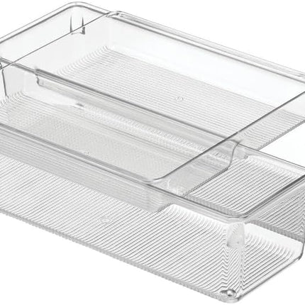 Plastic Stackable Kitchen Storage Drawer Organizer Bin with 2-Tier Tray for Cabinet, Pantry, Drawer, Refrigerator, Freezer - Hold Utensils, Flatware, Appliances - Ligne Collection - Clear.
