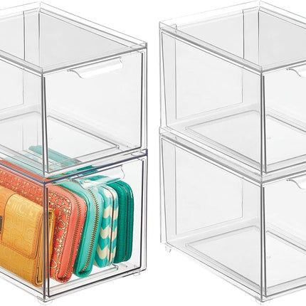 Shoe Storage Box with Drawer – Sturdy Plastic Storage Box for Shoes – Stackable Drawer Box for Shoes, Accessories and More – Pack of 4 – Clear.