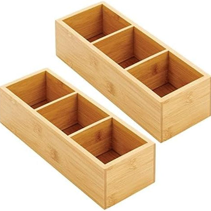 Bamboo Wood Slim Food Storage Organizer Box, 3 Section, Divided Compartment Bin; Container for Kitchen, Pantry; Holder for Spices, Snacks, Tea, Coffee - Echo Collection - 2 Pack -Natural