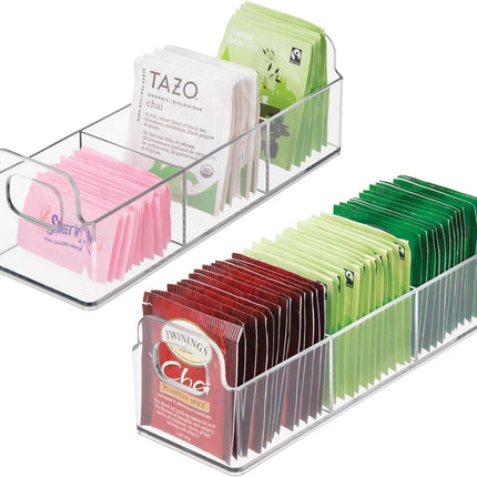 Plastic Condiment Organizer and Tea Bag Holder - 9" Long Kitchen Pantry/Countertop Storage Caddy - Divided Chip, Snack, Granola, Oatmeal Packet Holder - Lumiere Collection - 2 Pack - Clear.
