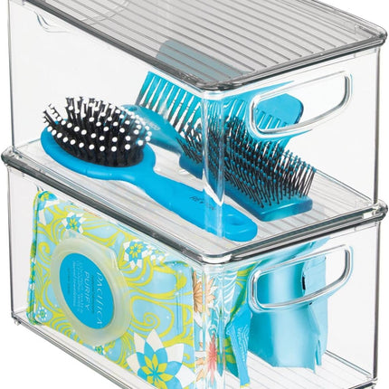Deep Plastic Bathroom Storage Bin Box, Lid/Built-in Handles, Organization for Makeup, Hair Styling Tools, Toiletry Accessories in Cabinet, Shelves, Ligne Collection, 2 Pack, Clear/Smoke Gray.