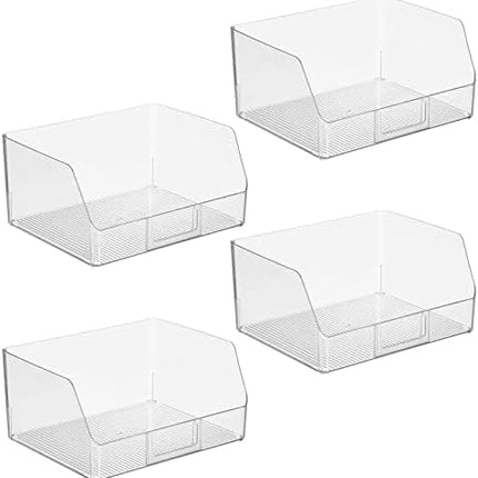 Wide Plastic Kitchen Food Storage Organizer Bin Basket with Open Front and Built-In Label Holder for Cabinets, Pantry - 12 Inch Width - 4 Pack - Clear.