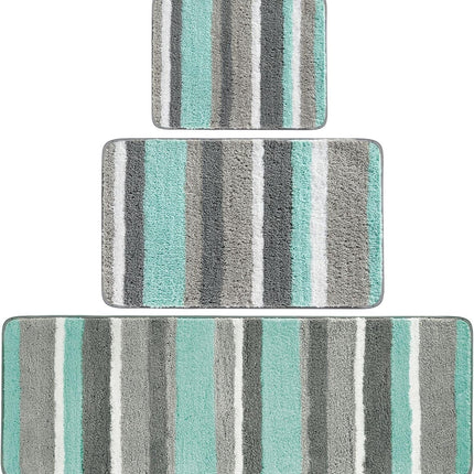 Soft Microfiber Polyester Spa Rugs for Bathroom Vanity, Tub/Shower - Water Absorbent, Machine Washable - Plush Non-Slip Rectangular Accent Rug Mat -Striped Design, Set of 3 Sizes - Mint/Gray.
