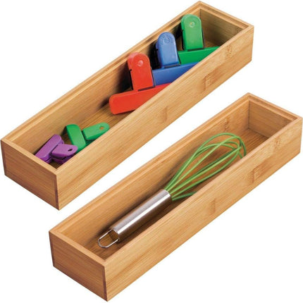 Slim Wooden Bamboo Drawer Organizer - 12" Long Stackable Storage Box Tray for Kitchen Drawers/Cabinet - Utensil, Silverware, Spatula, Flatware Holder - Echo Collection, 2 Pack, Natural Wood.
