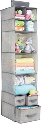Fabric Hanging Organizer - Over Closet Rod Storage - 7 Shelves/3 Removable Drawers for Baby Nursery Bedroom Organization - Hold Clothes, Linens, Toys, Accessories - Lido Collection - Gray.