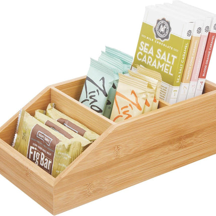 Bamboo Wood Food Storage Bin with Divided 3 Compartments and Sloped Front for Kitchen Cabinet, Pantry, Shelf to Organize Seasoning Packets, Powder Mixes, Spices, Snacks - Natural.