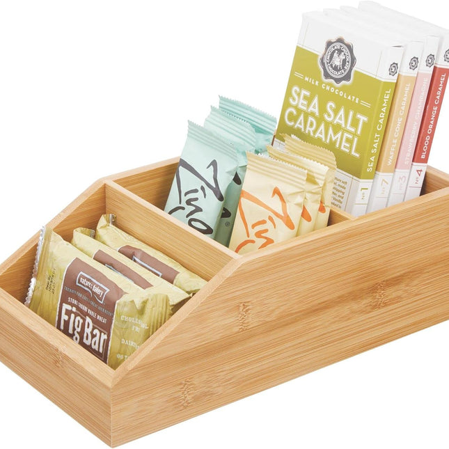 Bamboo Wood Food Storage Bin with Divided 3 Compartments and Sloped Front for Kitchen Cabinet, Pantry, Shelf to Organize Seasoning Packets, Powder Mixes, Spices, Snacks - Natural