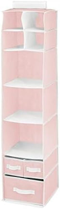 Fabric Hanging Organizer - Over Closet Rod Storage - 7 Shelves/3 Removable Drawers for Baby Nursery or Bedroom Organization, Holds Clothes, Toys, Accessories, Jane Collection, Pink/White.