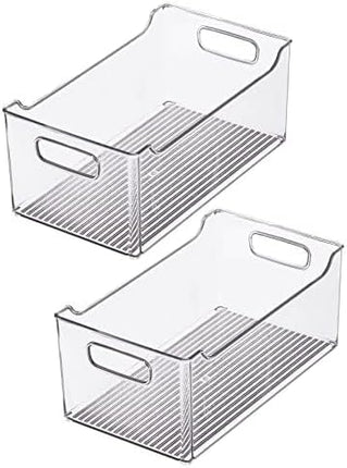 Modern Plastic Open Front Dip Storage Organizer Bin Basket with Built-In Handles for Kitchen Organizing, Fridge Shelf, Cubby, Cabinet, or Pantry Organization, Ligne Collection - 2 Pack - Clear