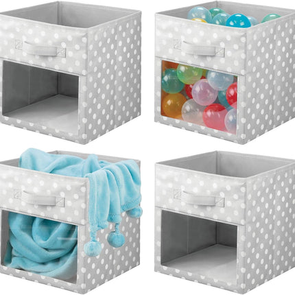 Fabric Nursery/Playroom Closet Storage Organizer Bin Box, Front Handle/Window for Cube Furniture Shelving Unit, Hold Toys, Clothes, Diapers, Bibs, 4 Pack, Gray/White Polka Dot.