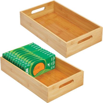 Wide Bamboo Office Desk Drawer Organizer Tray Bin with Handles - Organizer for School Supplies, Pens, Pencils, Notepads, Staplers, Envelopes - Echo Collection, 2 Pack, Natural Wood Finish.