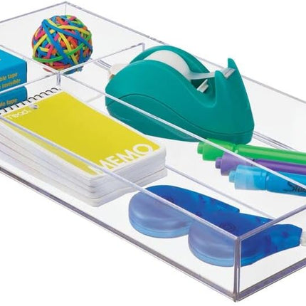 Plastic Stackable Office Divided Storage Drawer Organizer Tray for Cabinet, Desk, Shelf, or Closet Organization - Holds Note Pads, Pens, Tape, Staples, Scissors, Lumiere Collection - Clear.