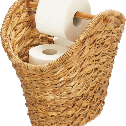 Rustic Farmhouse Water Hyacinth Toilet Paper Holder/Dispenser Basket with Dowel Rod - Storage Organizer for Master or Guest Bathroom Organization - Holds 5 Rolls of Toilet Paper - Natural/Tan.