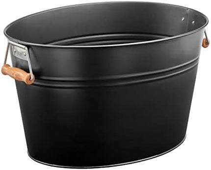 Large Metal Beverage Tub Oval Cooler for Beer, Wine, Ice, and Drinks - Portable 4.75 Gallon/18 Liter Cold Drink Trough for Parties - Steel Bin Bucket Stand with Bamboo Handles, Matte Black.