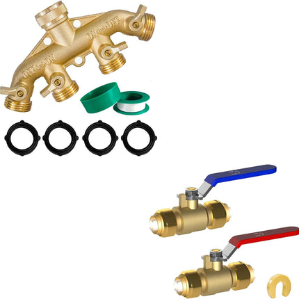 Brass Garden Hose Splitter (4 Way) + 1/2 Inch Push-Fit Full Port Ball Valve.