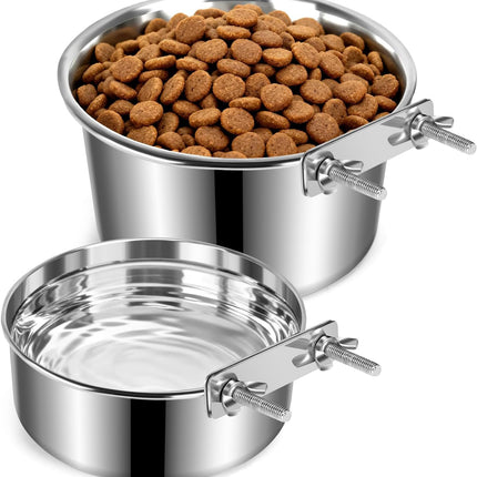 2 Pack Dog Crate Water Bowl No Spill, Stainless Steel Dog Bowls for Food and Water, Pet Kennel Hanging Dogs Food Bowls for Medium/Large Dogs and Cats (7.1"x3.7" & 6.3"*2.6", Silver).