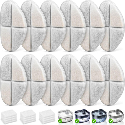 12 Packs Replacement Filters and 12 Packs Pump Sponges for FEELNEEDY 7L/1.8Gal Dog Water Fountain (FN-W05).
