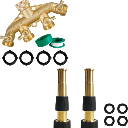 Brass Garden Hose Splitter (4 Way) + 5" Jet Sweeper Garden Hose Nozzle.