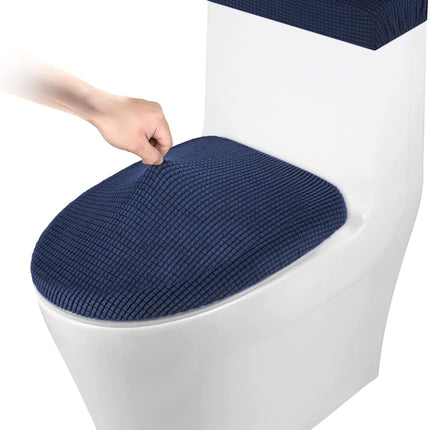 Toilet Lid Cover and Toilet Tank Cover Stretch Toilet Covers Set for Bathroom, Polyester Spandex Jacquard Fabric, Machine Washable, with Elastic Bottom, Navy Blue.