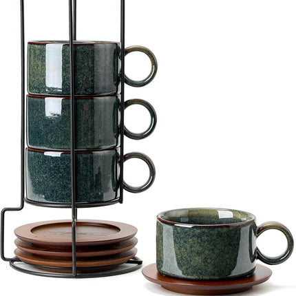 6 Ounce Porcelain Stackable Espresso Cups with Saucers and Metal Stand Set of 4, Ceramic Cappuccino Cups Set for Specialty Coffee Drinks, Latte, Cafe Mocha and Tea, Reactive Dark Green.