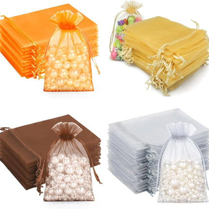 400PCS Fall Organza Bags 4x6 In - Orange Gold Brawn Grey Drawstring Organza Bags, Sheer Mesh Jewelry Pouches for Christmas, Thanksgiving, Wedding Party Favors.