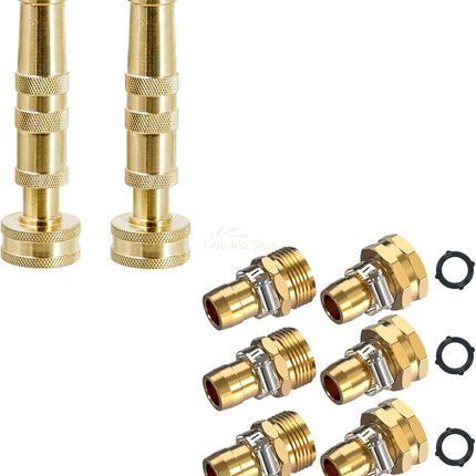 Heavy-Duty Brass Adjustable Twist Hose Nozzle Garden Hose Repair Connector with Clamps.