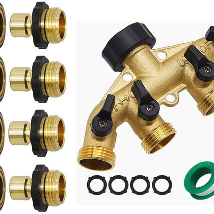 3/4 Inch Garden Hose Fitting Quick Connector Set, 4 Set | 4 Way Heavy Duty Brass Garden Hose Splitter, Hose Connector 3/4", Hose Spigot Adapter with 4 Valves.