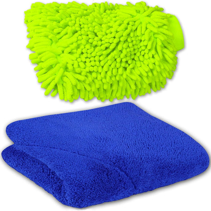 Microfiber Fingers Dusting & Cleaning Mitt and Large Towel Set, Machine Washable, Highly Absorbent Car Detailing Cleaner for Drying, Washing and Wax Polishing (1 Green Mitt, 1 Blue Towel).
