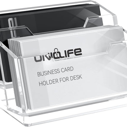 Acrylic Business Card Holder for Desk 2 Slots Clear Business Card Display Stand for Men & Women Desktop Business Card Organizer Card Stand, 120 Card Capacity.