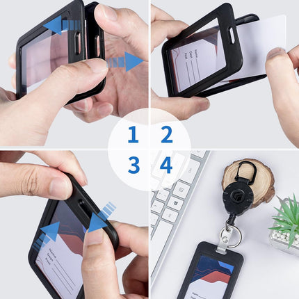 3 Pcs Badge Holder with Double-Sided Windows Vertical Plastic Case and 2 Pcs Retractable Keychain Badge Reel for up to 8 oz Card Protector for ID Credit Cards Driver’s Licenses and Passes.