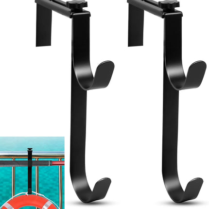2Pcs Adjustable Pool Pole Hanger, Double Pool Hooks for Poles, Mental Pool Fence Hooks for Hanging Pool Equipment Hooks, Pool Pole Hooks for Pool Skimmer Pole Pool Hose, Wall Pool Tool Holder (Black).
