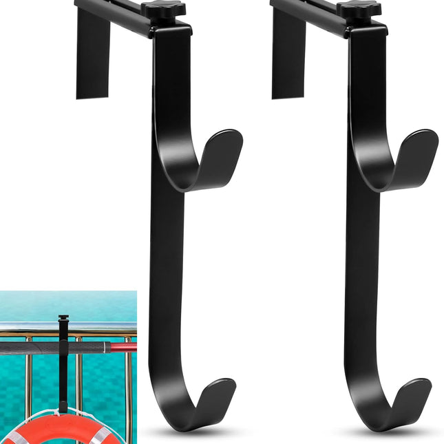 2Pcs Adjustable Pool Pole Hanger, Double Pool Hooks for Poles, Mental Pool Fence Hooks for Hanging Pool Equipment Hooks, Pool Pole Hooks for Pool Skimmer Pole Pool Hose, Wall Pool Tool Holder (Black).