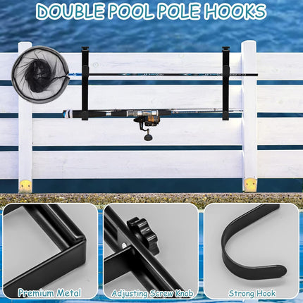 2Pcs Adjustable Pool Pole Hanger, Double Pool Hooks for Poles, Mental Pool Fence Hooks for Hanging Pool Equipment Hooks, Pool Pole Hooks for Pool Skimmer Pole Pool Hose, Wall Pool Tool Holder (Black).