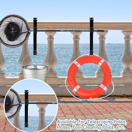 2Pcs Adjustable Pool Pole Hanger, Double Pool Hooks for Poles, Mental Pool Fence Hooks for Hanging Pool Equipment Hooks, Pool Pole Hooks for Pool Skimmer Pole Pool Hose, Wall Pool Tool Holder (Black).