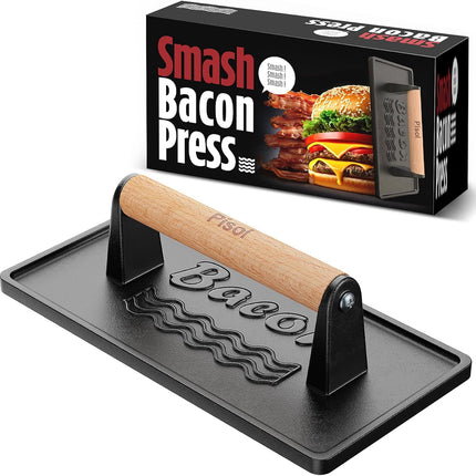Bacon Press Smash Burger Press, Pre-Seasoned Cast Iron Hamburger, 2 lb Heavy-Duty Grill Bacon Meat Press Tool with Wood Handle.