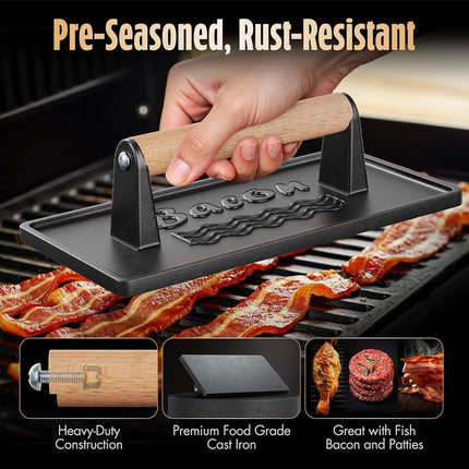 Bacon Press Smash Burger Press, Pre-Seasoned Cast Iron Hamburger, 2 lb Heavy-Duty Grill Bacon Meat Press Tool with Wood Handle.