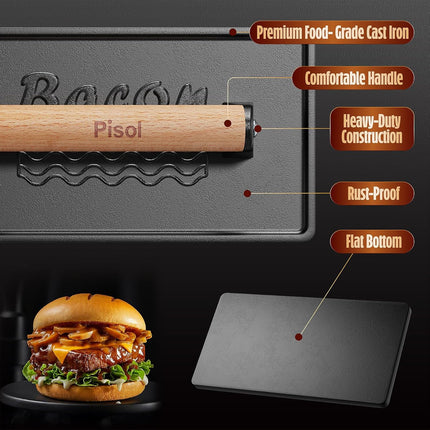 Bacon Press Smash Burger Press, Pre-Seasoned Cast Iron Hamburger, 2 lb Heavy-Duty Grill Bacon Meat Press Tool with Wood Handle.