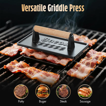 Bacon Press Smash Burger Press, Pre-Seasoned Cast Iron Hamburger, 2 lb Heavy-Duty Grill Bacon Meat Press Tool with Wood Handle.