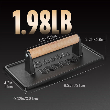 Bacon Press Smash Burger Press, Pre-Seasoned Cast Iron Hamburger, 2 lb Heavy-Duty Grill Bacon Meat Press Tool with Wood Handle.