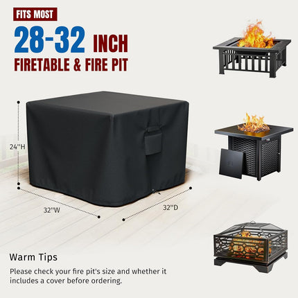 Square Fire Pit Cover, Fits for 28-32 Inch Fire Pit Table, Waterproof and Windproof, 32 x 32 x 24 Inches, Black.