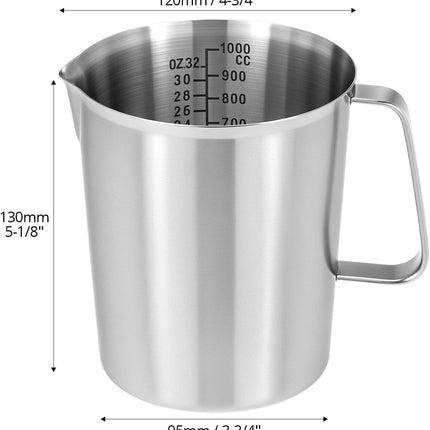 304 Stainless Steel Measuring Cup 32 OZ with OZ/ML Graduations, 4 Cup Kitchen Mixing Pitcher, Precision Engraved Markings, Container for Baking and Frothing, 1 Liter.