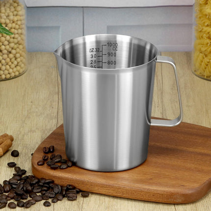 304 Stainless Steel Measuring Cup 32 OZ with OZ/ML Graduations, 4 Cup Kitchen Mixing Pitcher, Precision Engraved Markings, Container for Baking and Frothing, 1 Liter.
